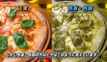 色盲・色弱だとピザの色はこういう風に見える。