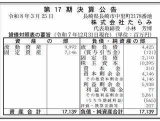 ゼリーやヨーグルトなどの「たらみ」決算公告（第17期）