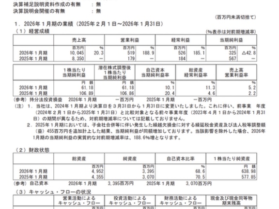 あさくま 2026年1月期通期決算