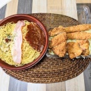 ローソンの商品とかつやのフライで昼ご飯