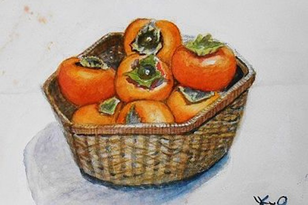 水彩画「柿みのるころー白壁土蔵」 IKUOの水彩画集 - 果物