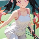 ウサギの女の子「メイベルちゃん」とウサギの女の子「パシフィカちゃん」がテニスをしているAIイラスト
