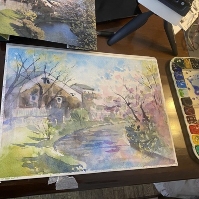 色紙水彩画 福岡県太宰府 都府楼跡 作者不詳ですがサイン在