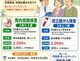 50歳以上の戸田市民の皆さまへ。戸田市の胃内視鏡検査・前立腺がん検査が今年も始まっています。気になりながら後回しにしていた方、この機会にご検討ください。