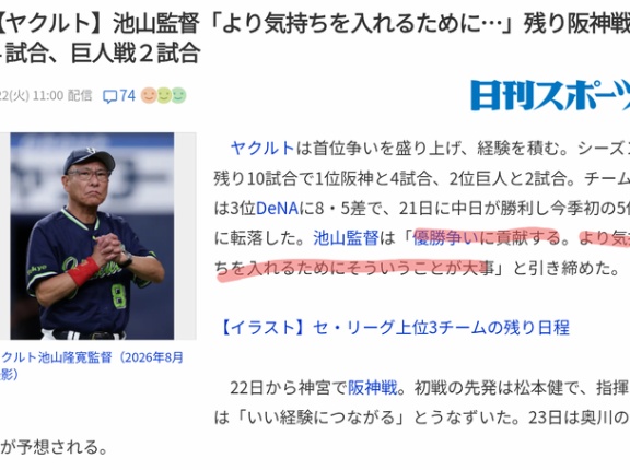 【悲報】ヤクルト池山「優勝争いに貢献したい」あす阪神戦で中5日奥川先発へwwwwwww