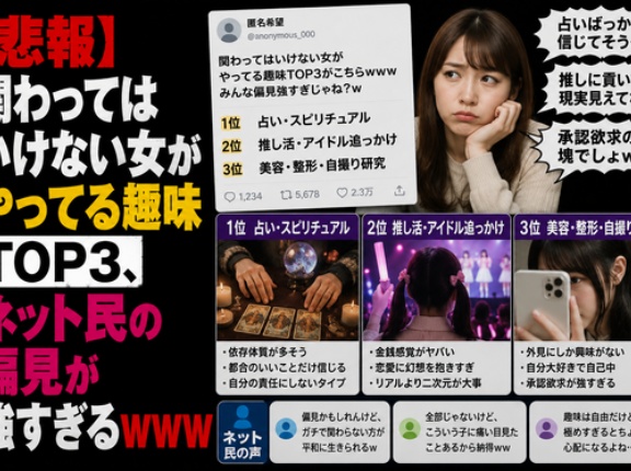 【悲報】関わってはいけない女がやってる趣味TOP3、ネット民の偏見が強すぎるｗｗｗ