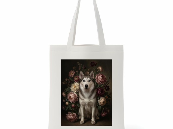 シベリアンハスキーの花の油絵風アートトートバッグができました！