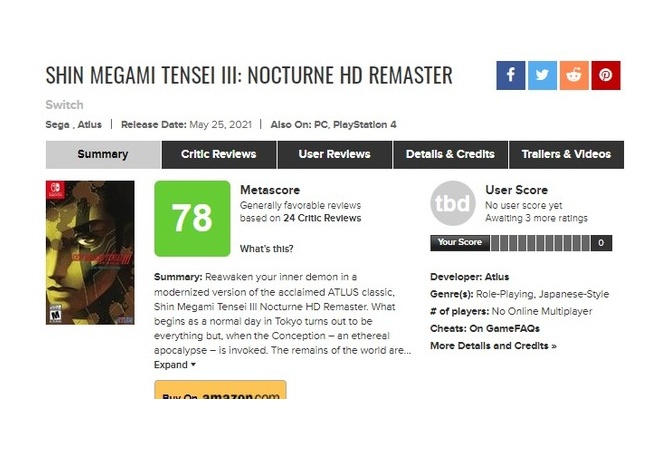 真・女神転生ⅢHDのメタスコア78点　メガテン最高傑作とはなんだったのか