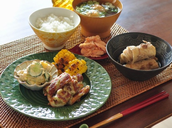 高野豆腐の豚巻き煮とちくわの磯辺揚げで晩ごはん
