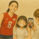 女子バレーボール選手と記念写真を撮る小学生女子