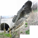 『泊村の火山岩の産状、茶津トンネル南側坑口の水冷破砕岩と凝灰岩』の画像