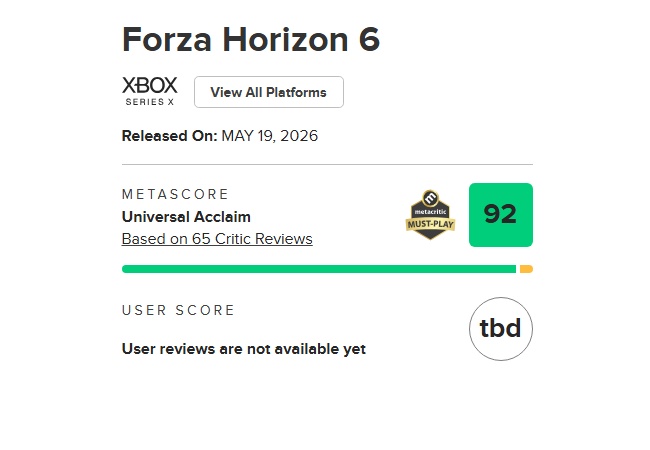 Forza Horizon6 メタスコア92点