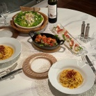 本場イタリア風のカルボナーラと豚ナス巻きグリルとかの夜ごはん
