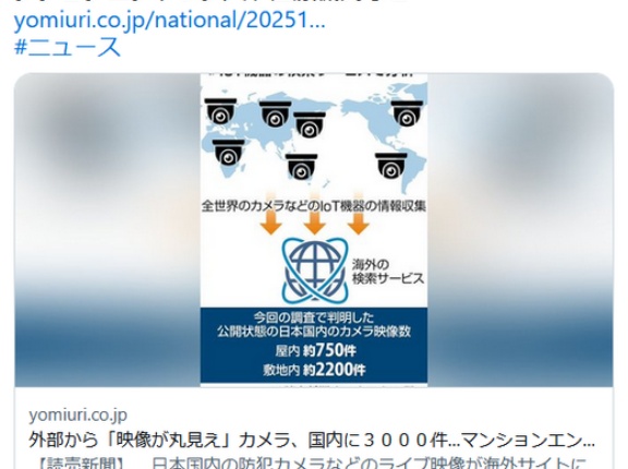 防犯カメラ約３０００件、外部から「映像が丸見え」状態