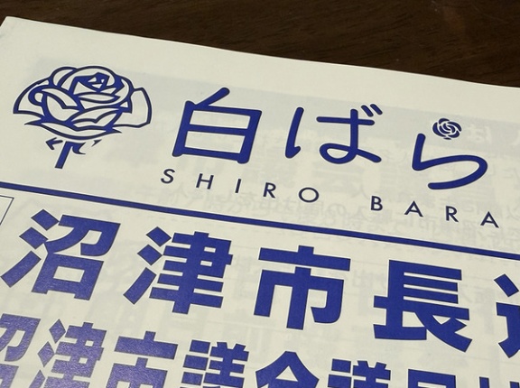 前回は雪、今回は春。沼津市内に並びはじめた選挙ポスター看板。今回はふたつ並んでる。