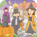 【クリップアート】ハロウィンの街を歩く子どもたちのイラスト