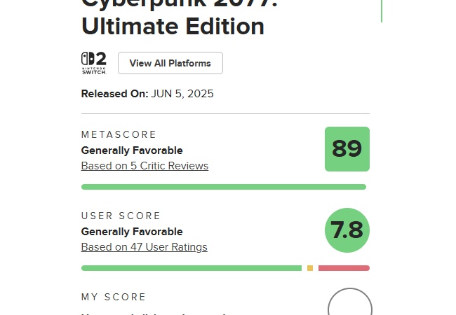 switch2版サイバーパンクのメタスコア89点　全プラットフォーム最高得点獲得