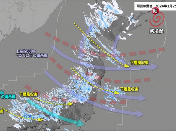 寒波の原因＝寒冷渦が抜けても寒気を運ぶ北西風の場続く（240126）