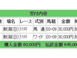 新潟2歳ステークスは馬連・ワイドダブル的中で64万5000円獲得となりました：競馬メインレース研究所