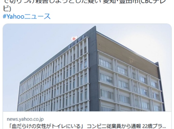 【愛知】コンビニ従業員「血だらけの女性がトイレにいる」 22歳ブラジル国籍の女を逮捕 20歳女性をカミソリのようなもので切りつける