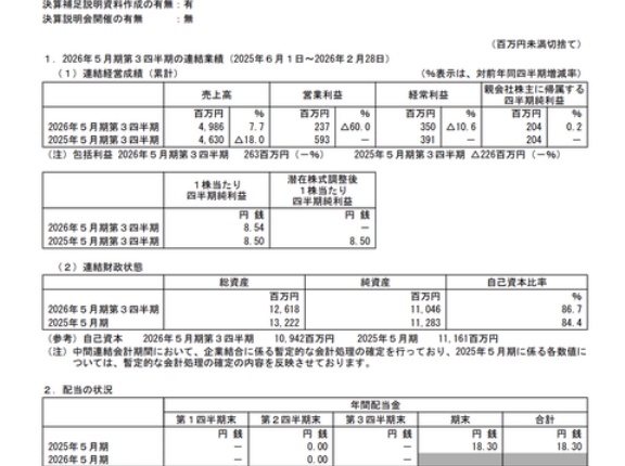Gunosy 2026年5月期第3四半期決算