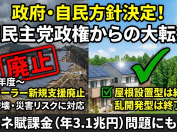 【朗報】旧民主党政権下の再エネ推進からの大転換　高市政権、環境破壊や災害リスクに対応するため「メガソーラー新規事業に対する支援を廃止」