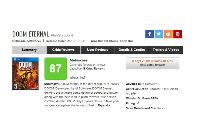 【速報】『DOOM ETERNAL』メタスコア87点！！
