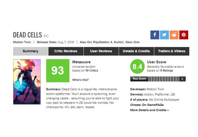 メタスコア93点、誰もが認める神ゲー『DEAD CELLS』が配信開始！