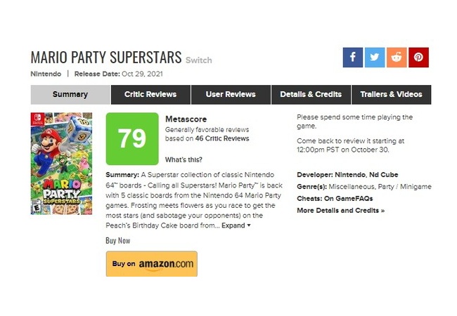 『マリオパーティスーパースターズ』メタスコア79点と厳しい評価
