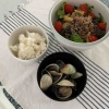 朝ごはんの牛しゃぶサラダとザルガイ