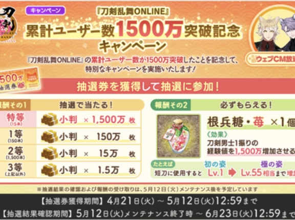 刀剣乱舞ONLINE累計ユーザー数1500万突破、抽選券配布！根兵糖苺(1500万経験値)が必ずもらえる！異去ドロ3倍CPも開催！