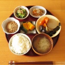 煮物、南瓜のたいたん、小松菜のごま酢和え、金平牛蒡、納豆