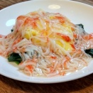 ほうれん草と卵の炒め物、カニかまあんかけ