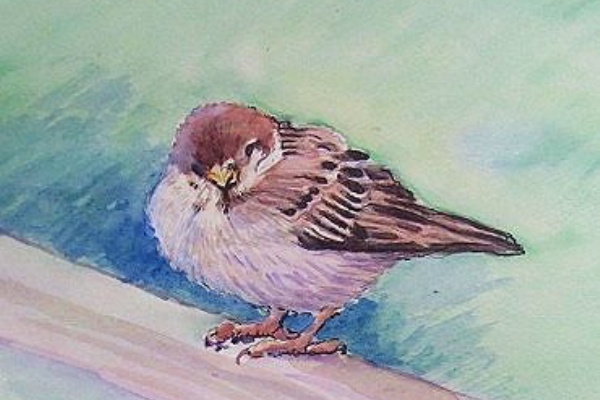 水彩画　川辺の一羽の鳥 水彩画 川辺の一羽の鳥