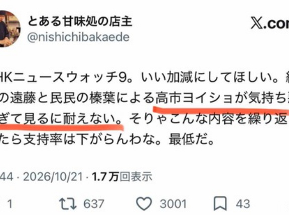 キモいマスコミの高市称賛は実はピンチの証左