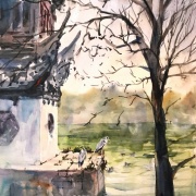 透明水彩スケッチ「初春の水辺」 : 水彩的生活KUROKAWAの透明水彩画