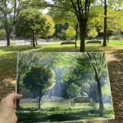 透明水彩スケッチ「語らい」（鶴見緑地公園）～水彩画と淡彩画を改めて