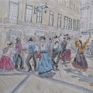 民族衣装の街中のダンス