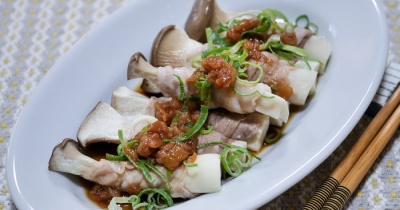 レンチンレシピ「エリンギの豚肉巻き焼き　梅ポンソースかけ」