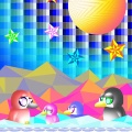 大きな満月とペンギン親子