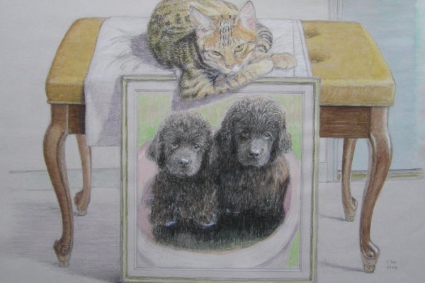 絵画 インテリア 油絵 uF6-071219 猫たちと犬たち 絵画 油絵 uF6-071219 猫たちと犬たち 犬と画家と猫と絵画 -