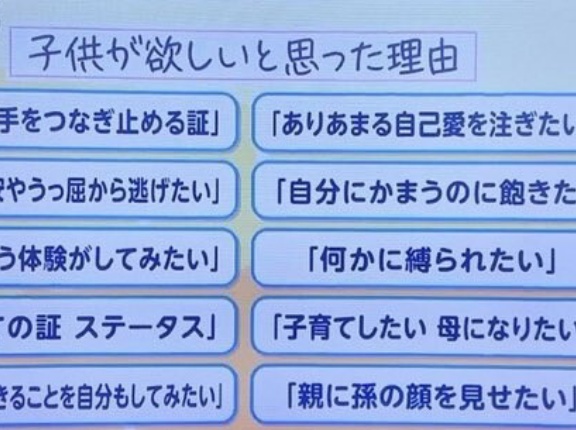 【画像】女性たち『子供が欲しいと思った理由がこれ』
