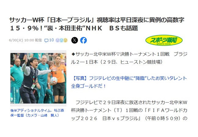 日本ブラジル戦視聴率15.9％、W杯史上最低視聴率を記録
