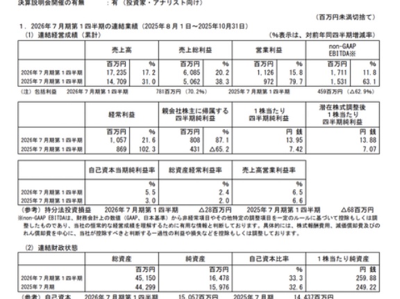ラクスル 2026年7月期第1四半期決算