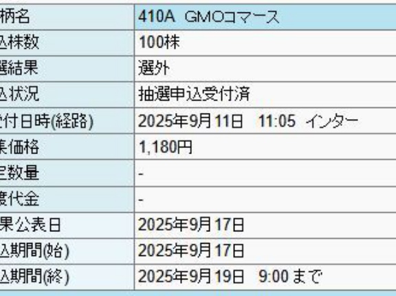 【IPO抽選結果】　ＧＭＯコマース（410A）、主幹事ほかの結果