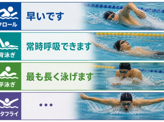 クロール「早いです」背泳ぎ「常時呼吸できます」平泳ぎ「最も長く泳げます」バタフライ「…」←これ