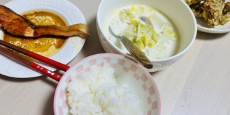 【にじさんじ】すこや「長谷川あかりさんの白菜クリームスープ　鮭のムニエルレモンバター醤油　舞茸の天ぷらはお惣菜です」