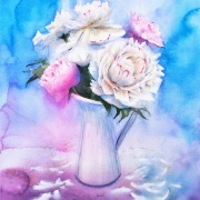芍薬とクレマチス　水彩画 透明水彩画「青の世界（芍薬）」冷え冷えで完成で～す☆ : 水彩