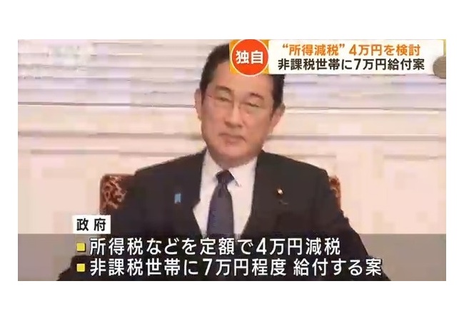 【政府】所得減税4万円を検討！！非課税世帯に7万円給付案