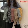 ストライプ スリムフィット カットソー ハイネック 起毛 タートルネック タイト 長袖 Tシャツ レトロ 韓国ファッション レディース 大人可愛い ガーリー